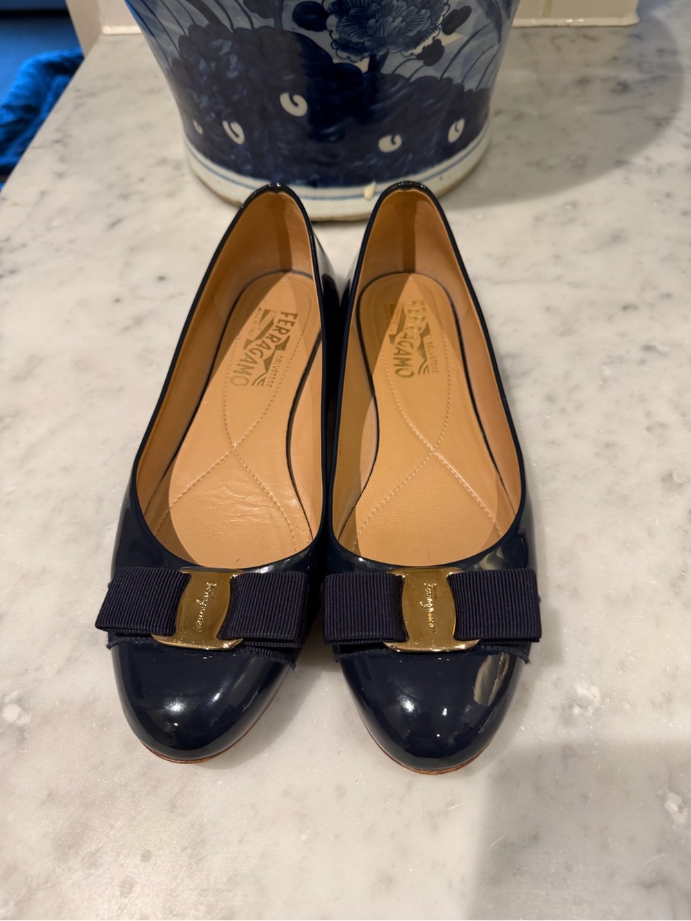Salvatore Ferragamo Varina Navy Blue Patent Leather Bow Flats with Gold Accent